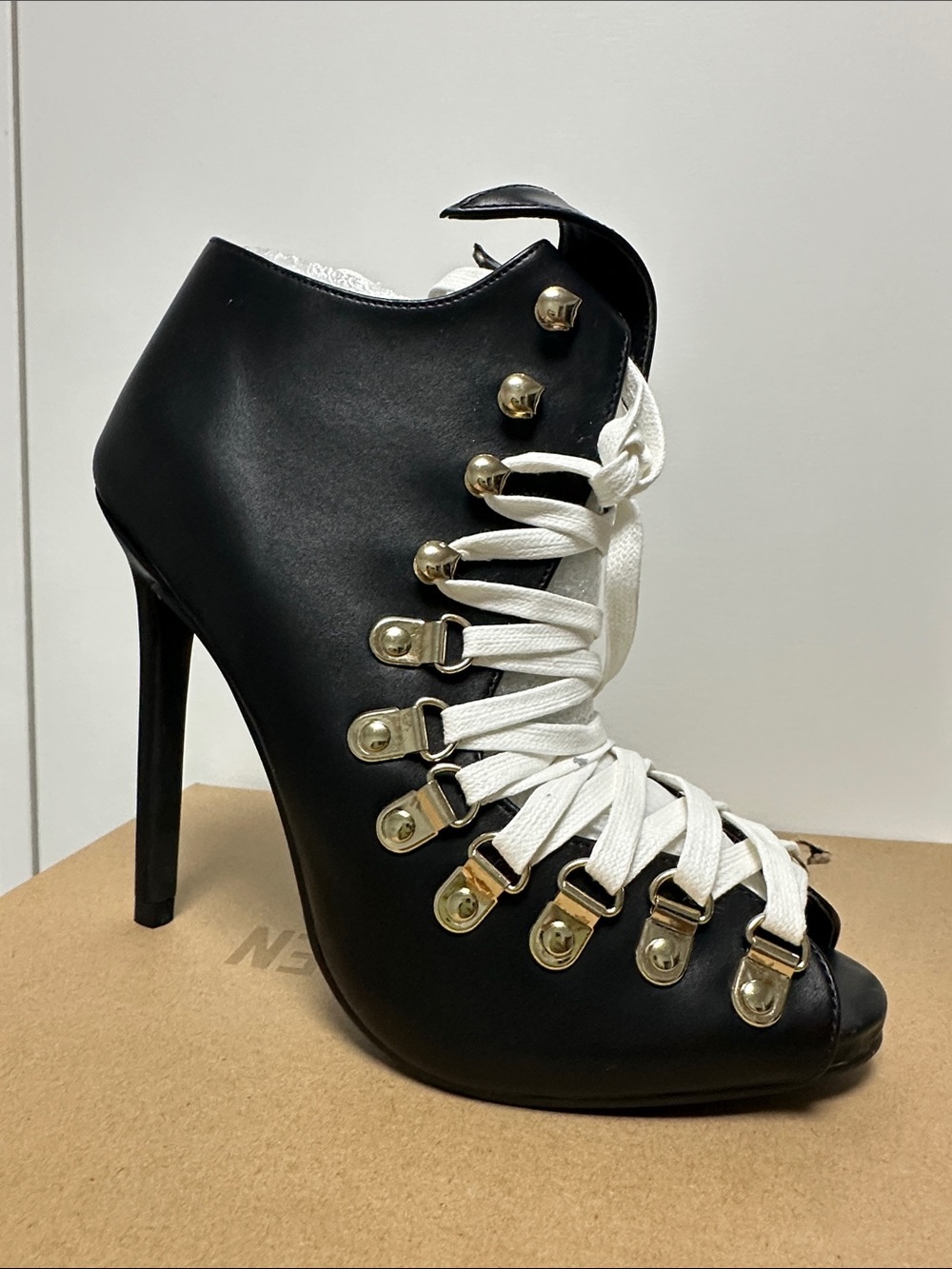 Privileged Black Peep-Toe Stiletto Ankle Boot with White Laces